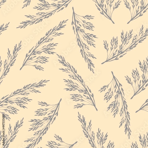 Hand drawn gentle calm simple floral vector seamless pattern in pastel colors. Gray inflorescences of panicles of pampas grass on a light pink background. For printed fabrics, textiles, boho decor.