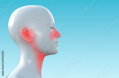 3d render illustration of female face with red inflammated nasal, ear and throat area on blue background, otolaryngology clinic concept.