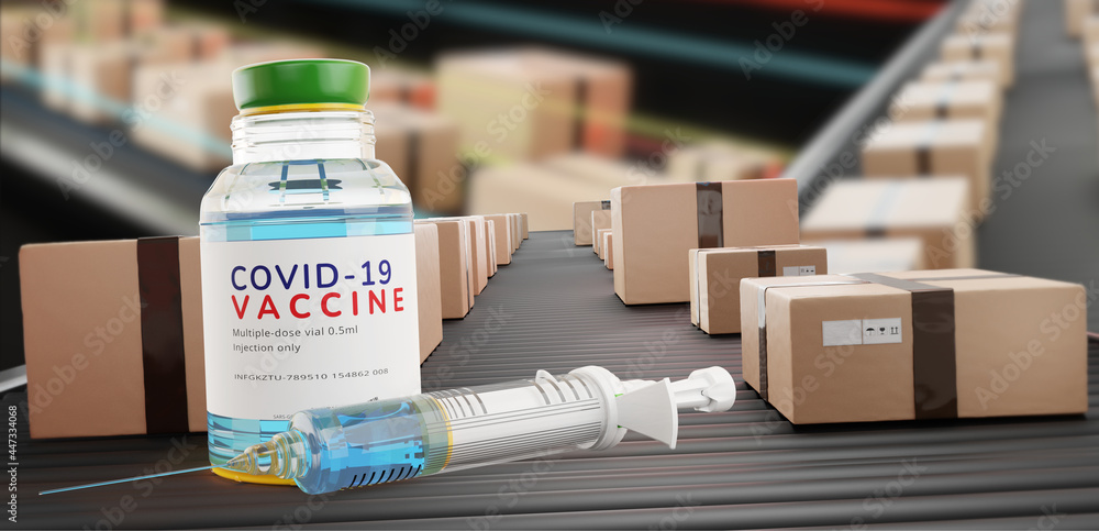 Covid-19 Vaccine and syringe with packages on Conveyor belt 3d-illustration
