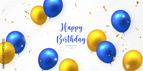 Elegant yellow golden blue ballon and party popper ribbon Happy Birthday celebration card banner template