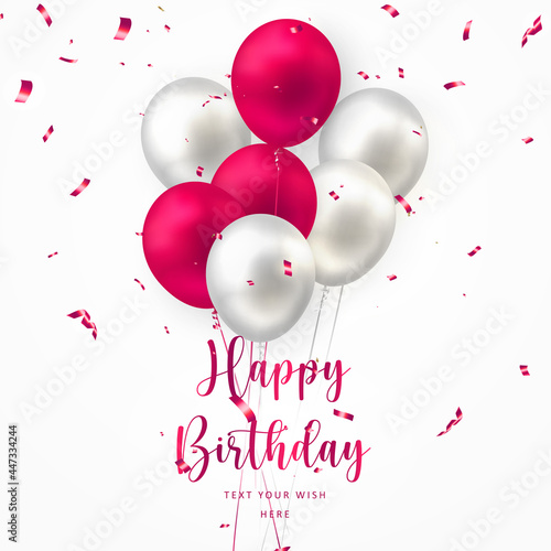 Elegant red silver white ballon and party popper ribbon Happy Birthday celebration card banner template