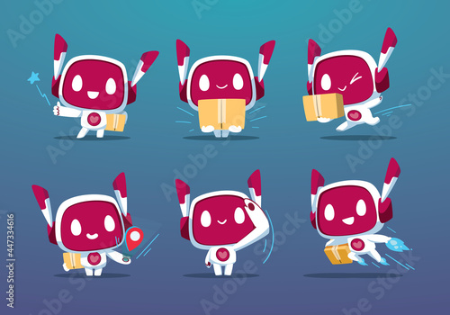 cute friendly white robot mascot delivery set