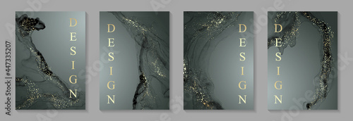 Modern watercolor background or elegant card design for birthday invite or wedding or menu with abstract dark gray ink waves and golden splashes.
