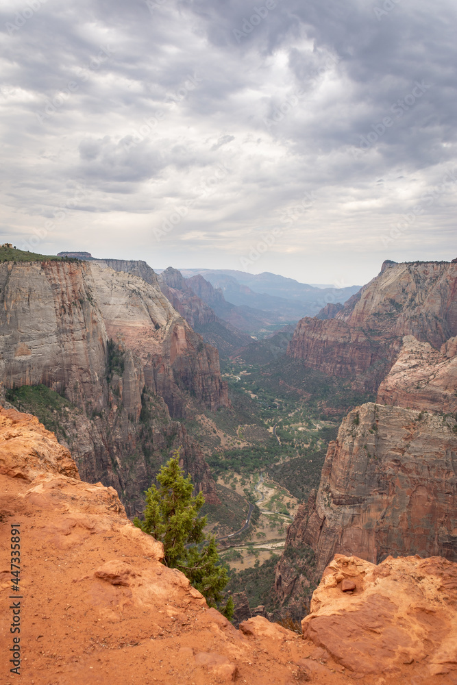 Looking through the canyon with views of Angels Landing and the Zion Scenic Drive from the Observation Point.  Zion National Park, Springdale, Utah.