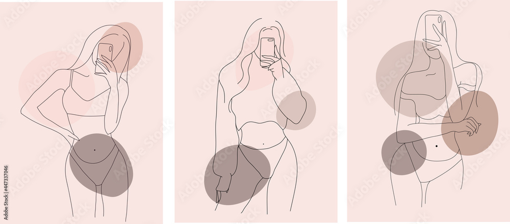 Vector set of women in line art style with abstract shapes