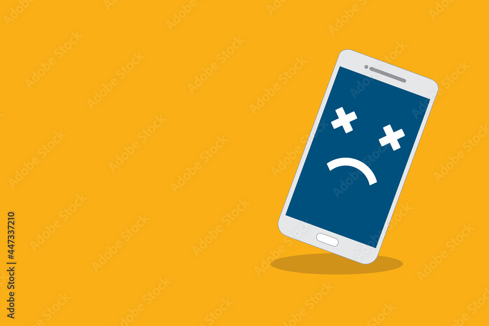 Broken smartphone with sad smile. Broken phone service, recovery and repair concept. Broken smartphone with sad smile. Broken phone service, recovery and repair concept.