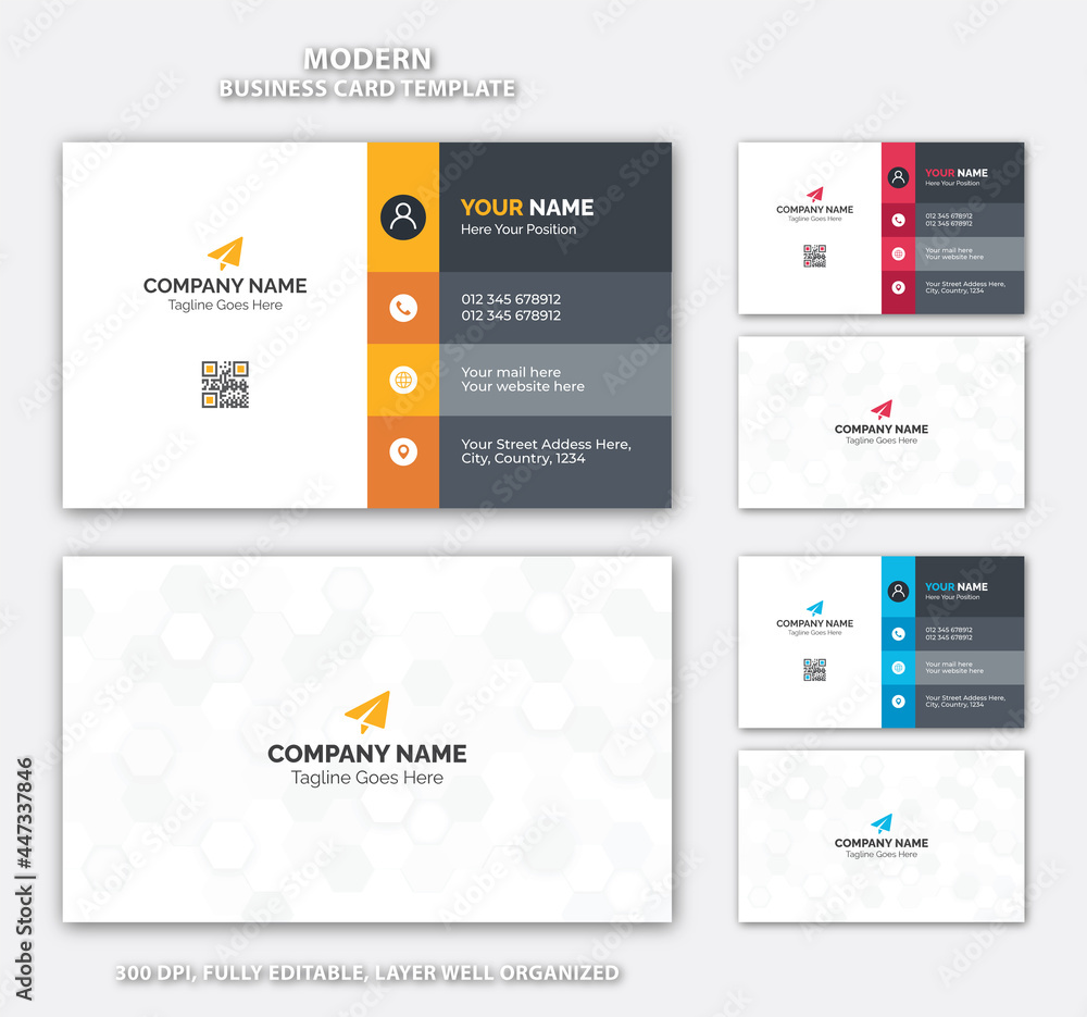 Modern Creative Business Card Template Layout. Blue, Red, and Yellow Visiting Card Design