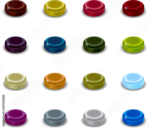 Multi-colored lollipops or capsules.