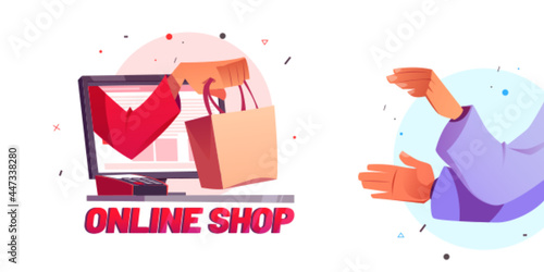 Online shop cartoon poster hand give shopping bag