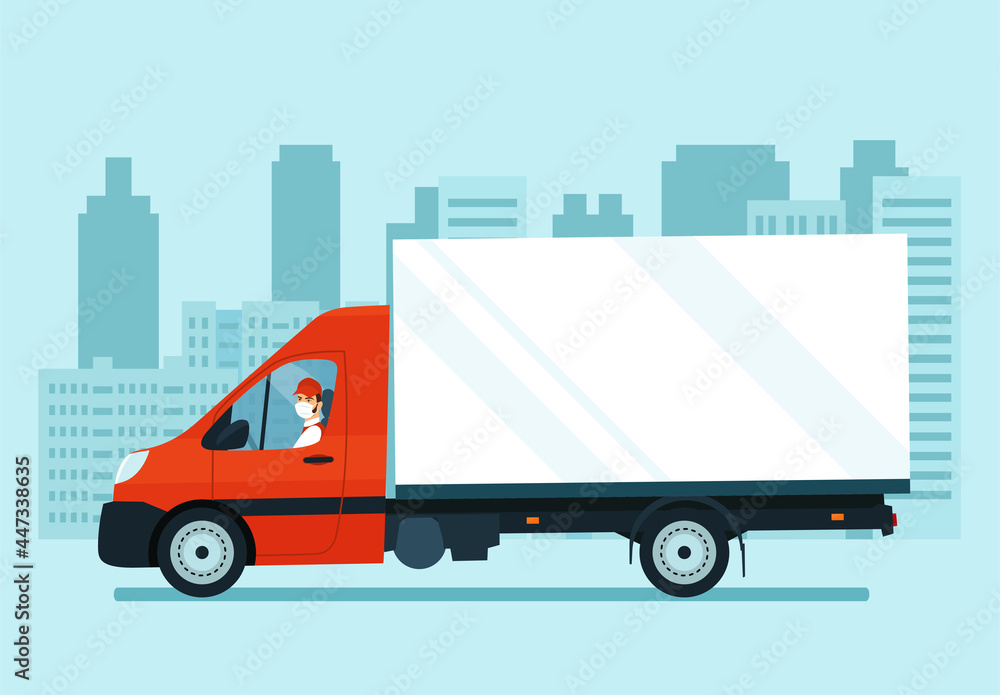 Cargo van with a driver in a medical mask against the background of an abstract cityscape. Vector illustration.