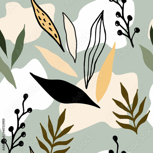 Abstract hand drown tropical seamless pattern with leaves. for wallpapers, textiles, papers, fabrics, web pages. Leaf ornament, vintage style. Vector illustration.