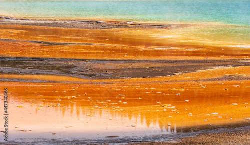 zoomed in orange and blue colors of a Yellowstone National Park Opal Pools