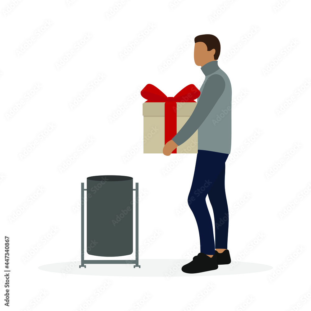 Male character with gift box in hands stands in front of trash can on white background Male character with gift box in hands stands in front of trash can on white background