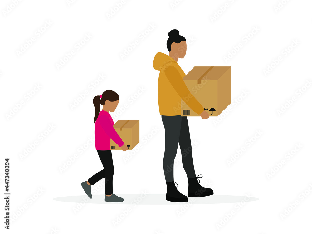 Female character and girl carry cardboard boxes on white background