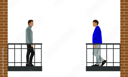 Two male characters stand on opposite balconies and look at each other