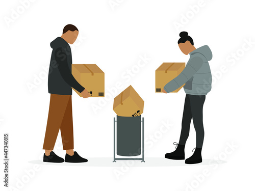 Male character and female character with cardboard boxes in hands stand in front of full trash can on white background