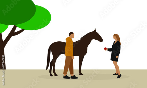 Female character gives horse an apple outdoors