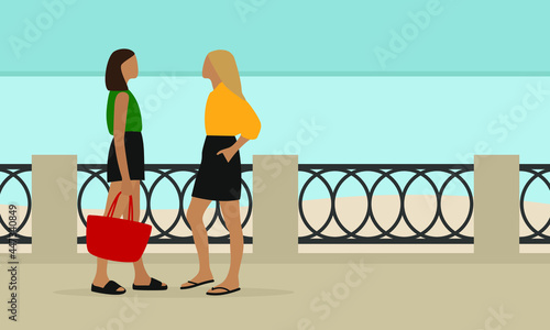 Two young female characters in summer clothes talking on the waterfront