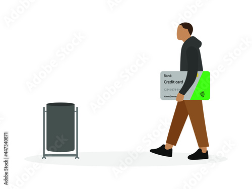 Male character with big credit card in hand goes to trash can on white background