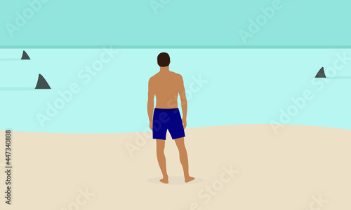 Male character in shorts stands on the beach and looks at shark fins in the water