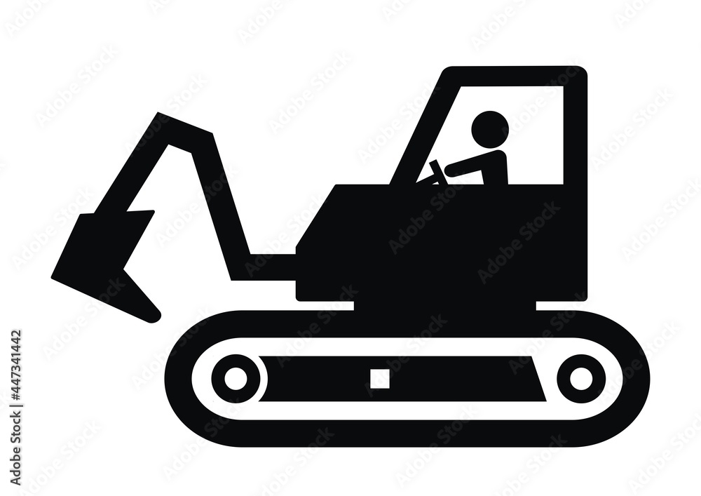 Excavator, black silhouette of road vehicle , black and white illustration, vector icon. Icon for field work.