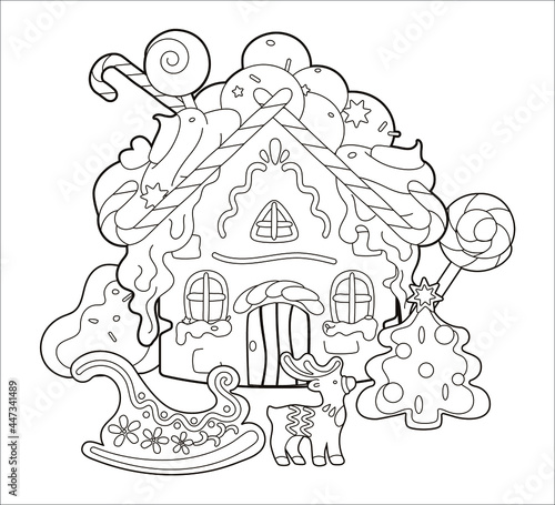Coloring book: Christmas gingerbread house with gingerbread tree and Santa's sleigh, snow ice cream on the roof. Vector illustration, black and white lines for children, cartoon