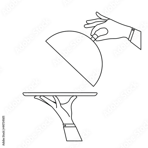 Elegant waiter hands holding silver serving tray and lid cover cloche for food. Vector flat outline illustration