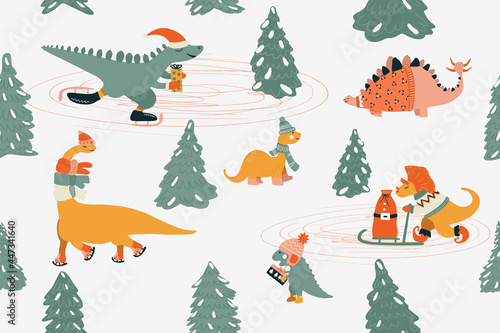 Dinosaur Christmas Set. New Year seamless pattern with cute Dino and other fantastic winter elements: gifts, christmas tree, skates, finnish sleigh. Vector illustration in cartoon hand-drawn style.