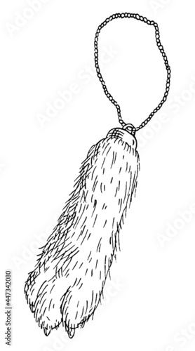 Rabbit foot talisman. Vintage hatching monochrome black illustration.