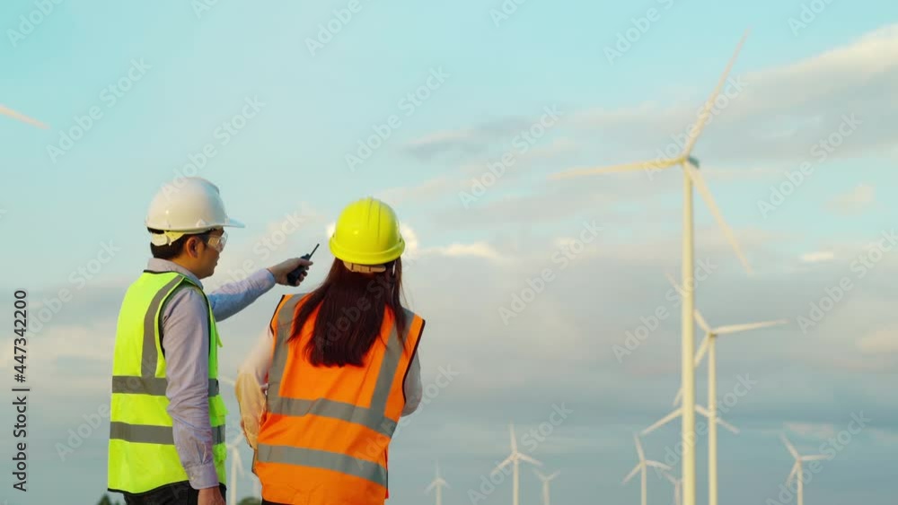 young engineer team using walkie talkie to checking system against wind turbine farm young engineer team using walkie talkie to checking system against wind turbine farm