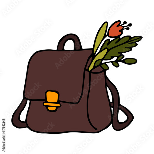 Briefcase with herbs in doodle style. Color vector illustration of school bag with flowers. Hand drawn cartoon suitcase icon. Cute witch's bag.