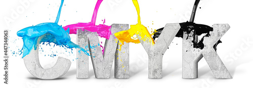 CMYK cyan magenta yellow key color splash on beton stone letter logo symbol isolated white background.