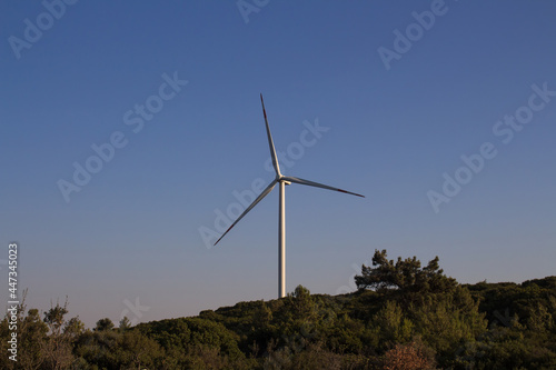Footage of windmills farm and Aegean landscape in Sigacik / Seferihisar district of Izmir / Turkey. Wind power turbines for clean, renewable energy. Sustainability concept. It is a sunny summer day. © theendup