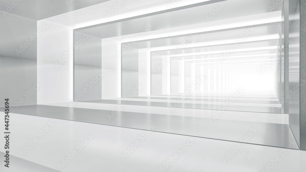 Abstract empty corridor with light. Futuristic white space interior design. 3d illustration Abstract empty corridor with light. Futuristic white space interior design. 3d illustration