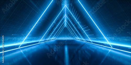 Fototapeta Naklejka Na Ścianę i Meble -  Futuristic Spaceship corridor.  Abstract modern background. Triangle tunnel with light. Sci-fi corridor concept. 3d rendering.