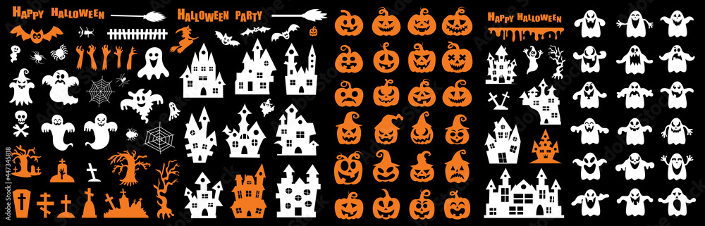 Fototapeta premium Set of silhouettes of Halloween on a black background. Vector illustration