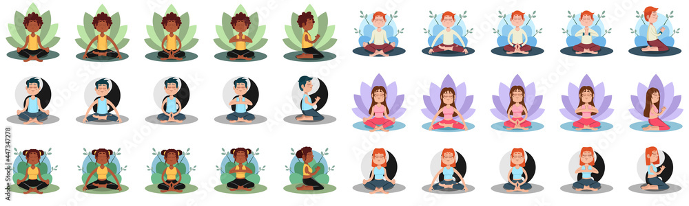 Set of men and women meditating Yoga Vector illustration Set of men and women meditating Yoga Vector illustration