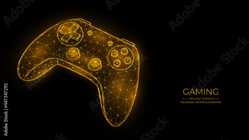 Gaming concept. Joystick for video games low poly design. Polygonal illustration of a game controller on a black background.