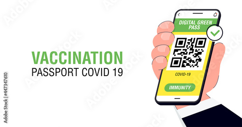 Covid-19 immune passport app. International Digital vaccine certificate for free movement and travel. Smartphone with Qr code test result in hand
