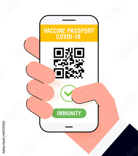 Covid-19 immune passport app. International Digital vaccine certificate for free movement and travel. Smartphone with Qr code test result in hand