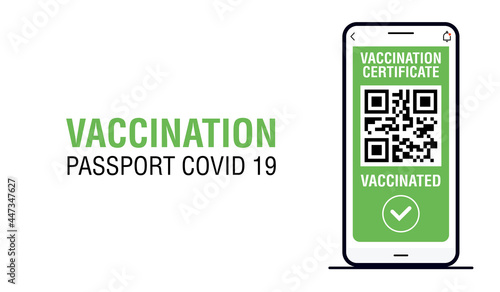 Covid-19 immune passport app. International Digital vaccine certificate for free movement and travel. Smartphone with Qr code test result in hand