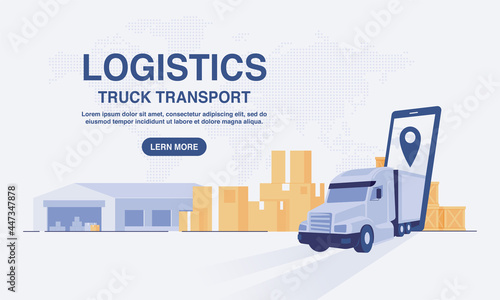 Online delivery transport logistics service concept. Warehouse, truck, courier. vector illustration.