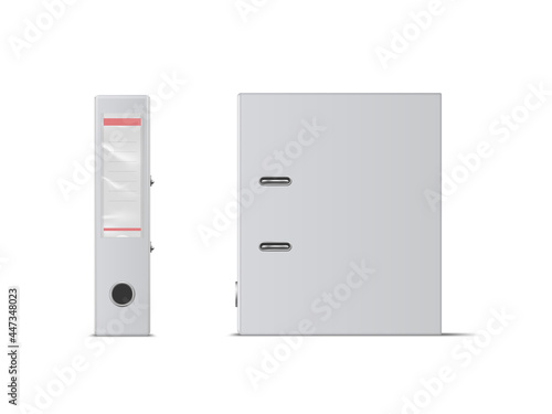 Realistic vector Blank office binder with metal rings, standing, back and side view.