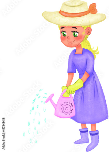 Gardener girl in a hat watering the flowers isolated