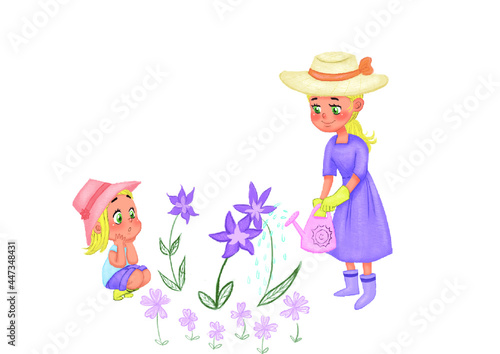 Mother and daughter watering a flowers vector isolated