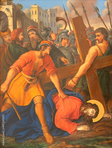 VIENNA, AUSTIRA - JUNI 17, 2021: The painting Jesus fall under the cross as part of Cross way stations in church Rochuskirche by unknown artist.