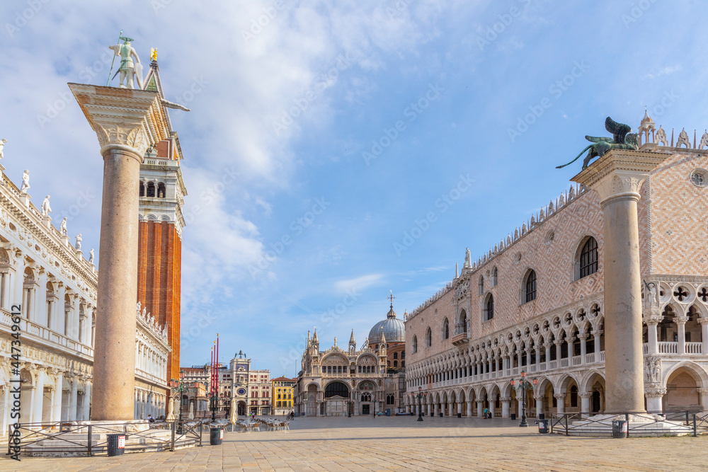 St. Mark's square with campanile, basilica, pillar and Doges palace in early morning in Venice