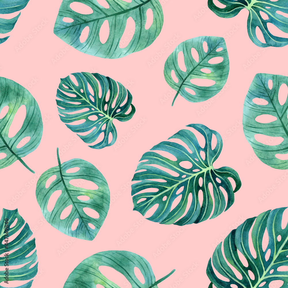 Hand-drawn endless watercolor pattern of tropical monstera leaves. Hand-drawn endless watercolor pattern of tropical monstera leaves.