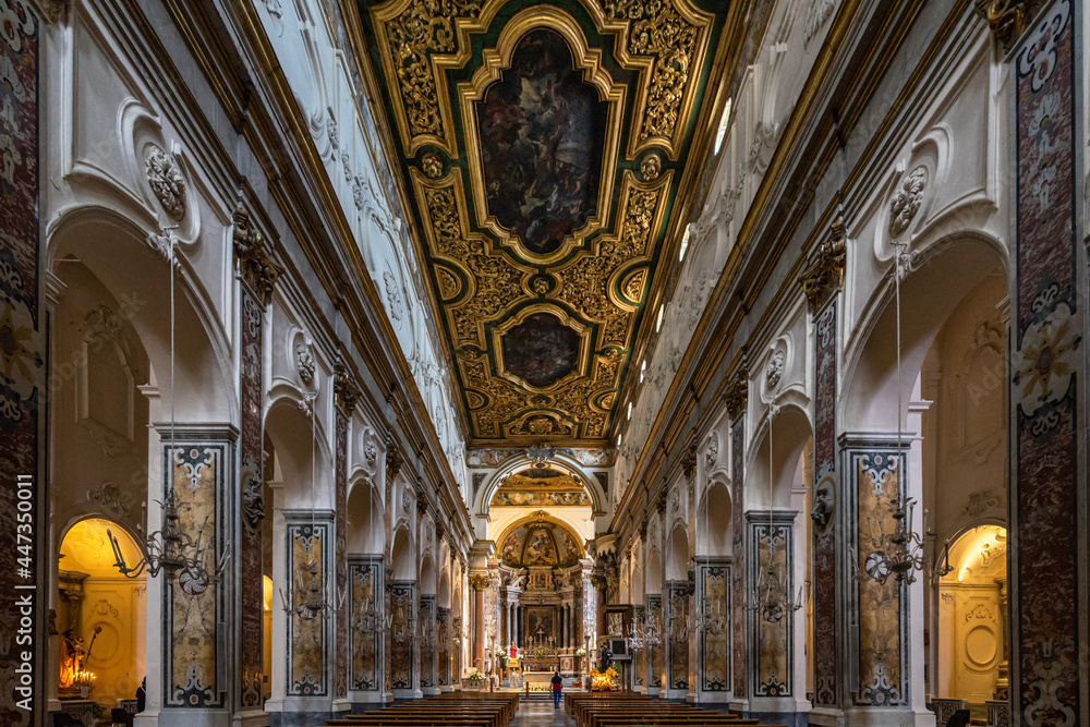 Interior of Amalfi Cathedral (Cattedrale di Sant'Andrea) seen from the entrance, Italy