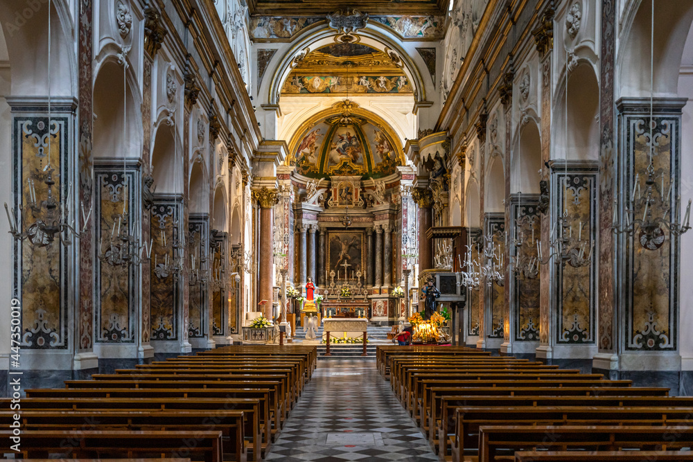 Interior of Amalfi Cathedral (Cattedrale di Sant'Andrea) seen from the entrance, Italy
